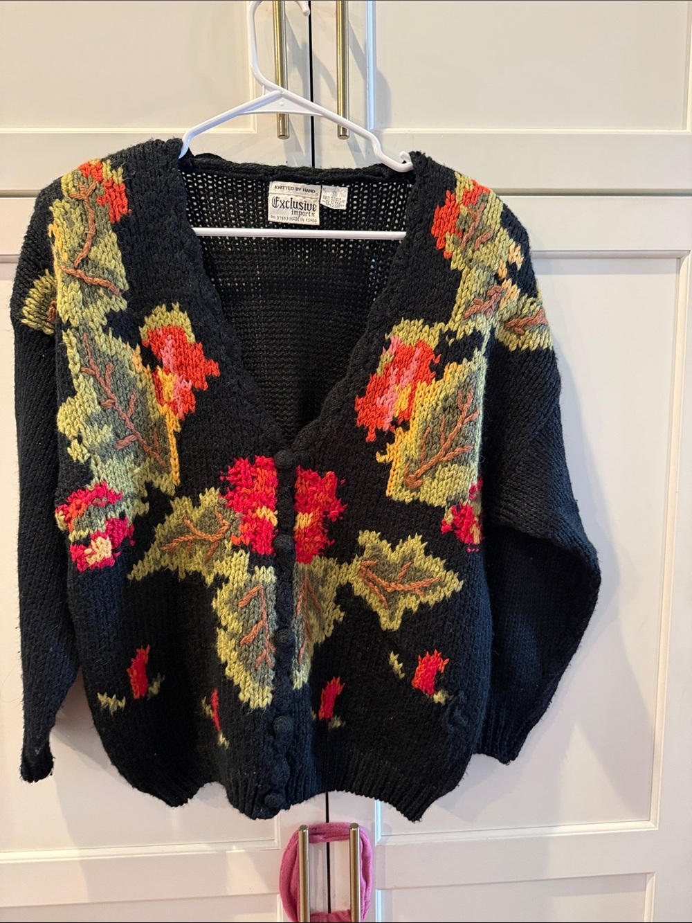 Exclusive Black V-Neck Cardigan Sweater with Floral Embroidery Hand knitted